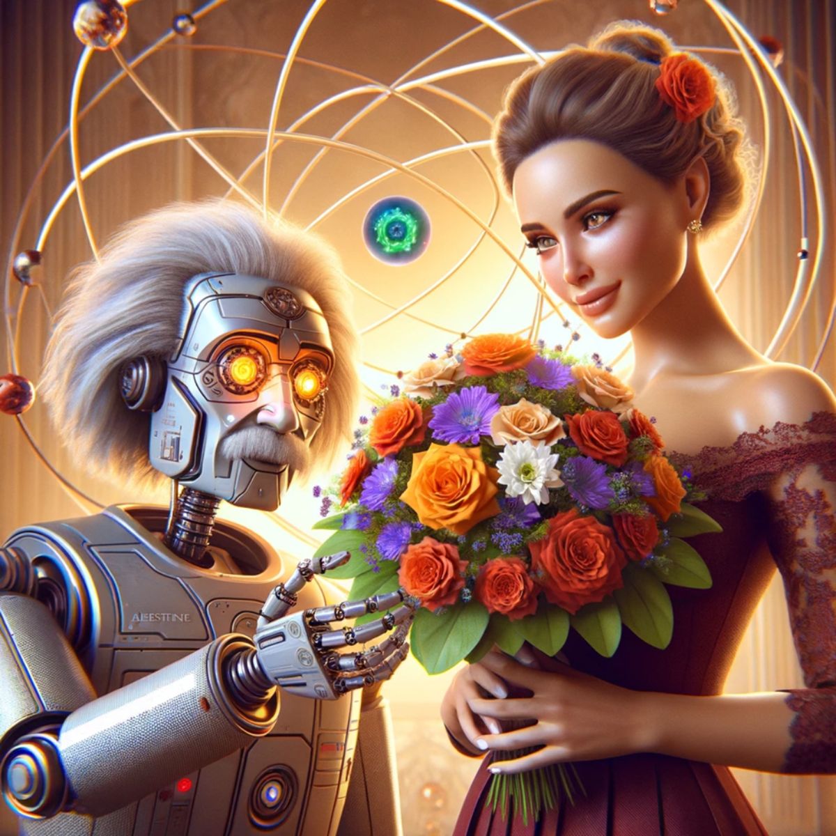 grafika ai, robot i kobieta z bukietem kwiatów