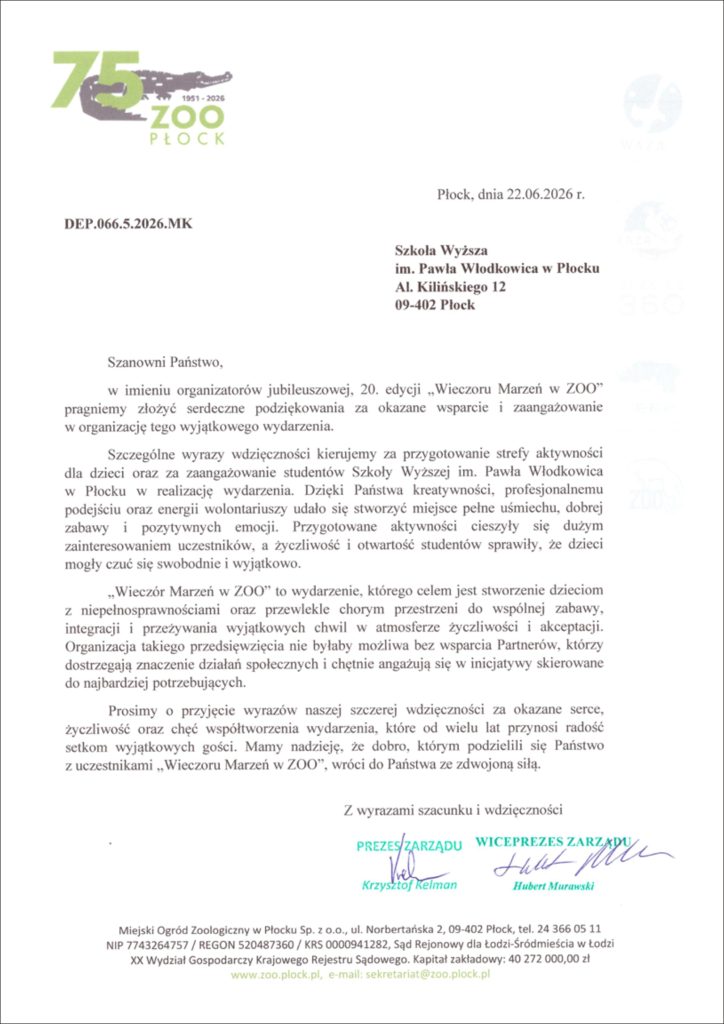 Tekst podziękować od płockiego ZOO dla SWPW